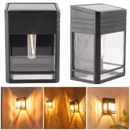 image séparée en 2 parties. Sur le haut, on voit l'applique murale solaire rectangulaire de face et légèrement de biais. En bas; 3 images avec l'applique murale allumée, lumière chaude, fixée sur un mur.