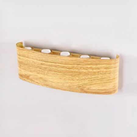 Applique murale en forme de rectangle arrondi, imitation bois clair avec 5 ronds d'éclairage sur le dessus.