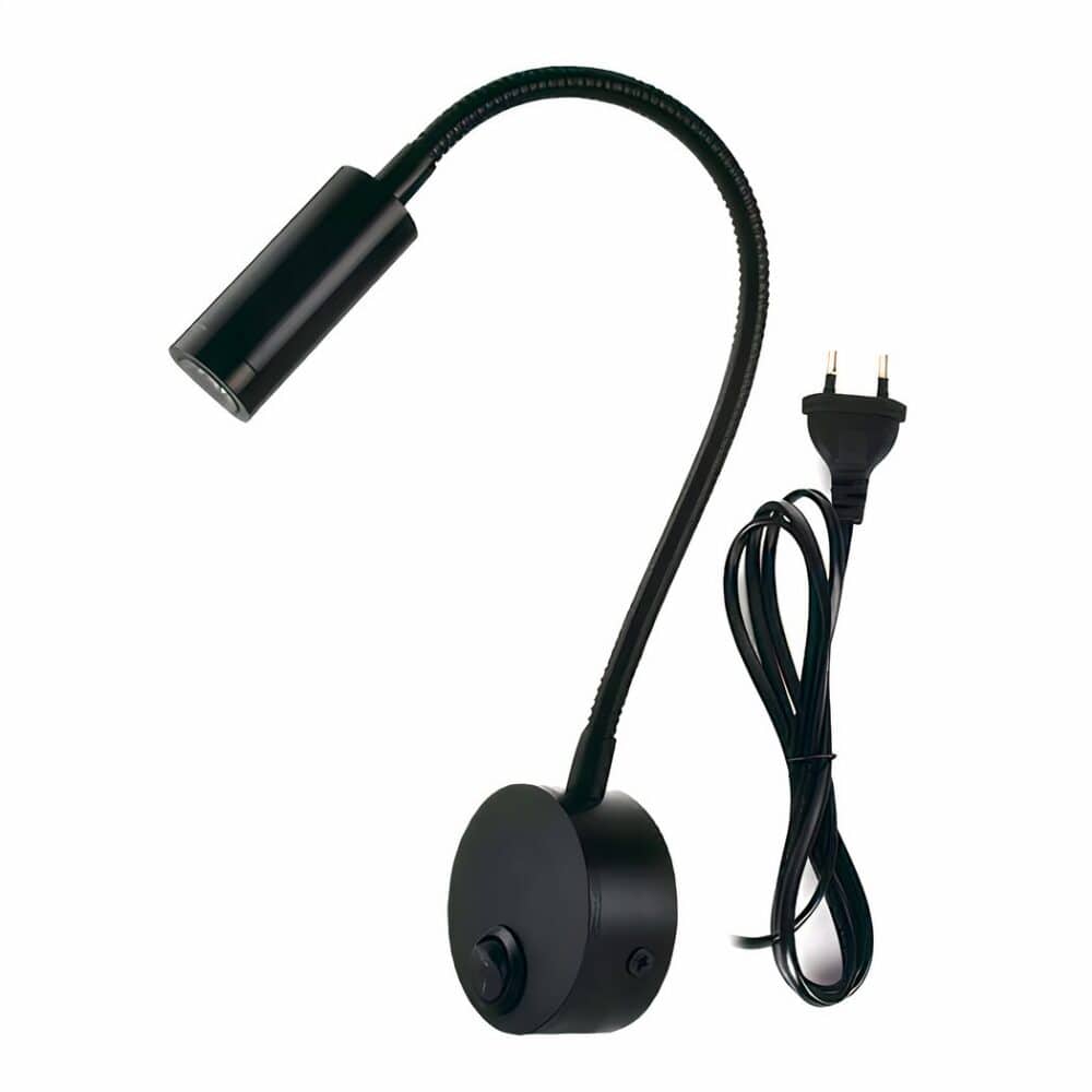 Liseuse murale filaire de couleur noire. Socle rond avec interrupteur, longue tige flexible et tête cylindre noir. Sur fond blanc.