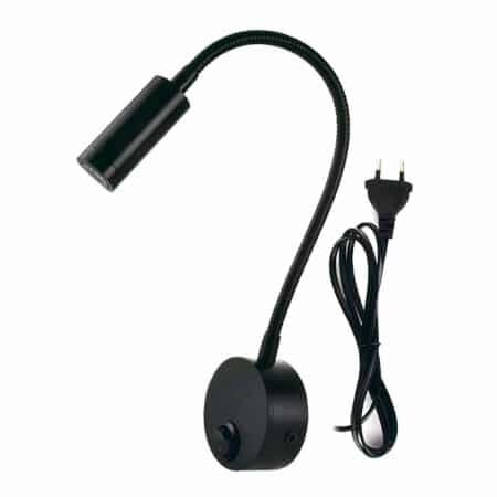 Liseuse murale filaire de couleur noire. Socle rond avec interrupteur, longue tige flexible et tête cylindre noir. Sur fond blanc.